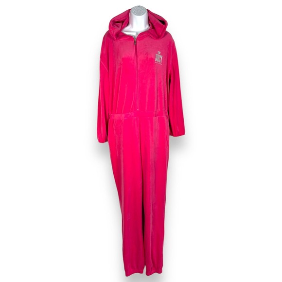 Juicy by Juicy Couture Pink Velour Hooded Jumpsuit Y2K 90s SOFT Comfy Sz L - Picture 2 of 16